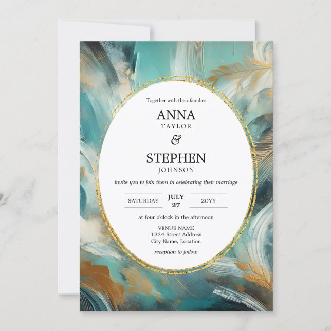 Convite Luxe Turquoise Gold Brushstroke Wedding (Frente)
