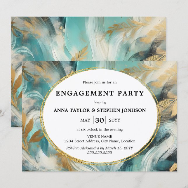 Convite Luxe Turquoise Gold Brushstrokes Engagement Party (Frente/Verso)