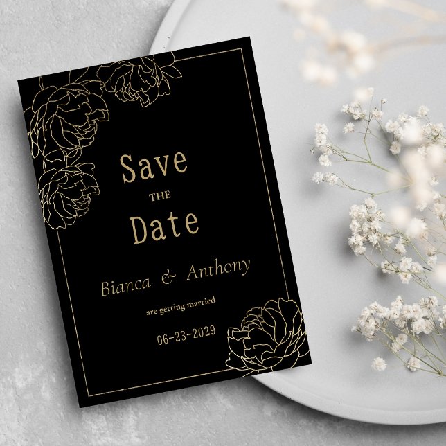 Convite Lúxia de peônia de ouro negro Salve a data (Black gold typography peony luxury Save the Date)