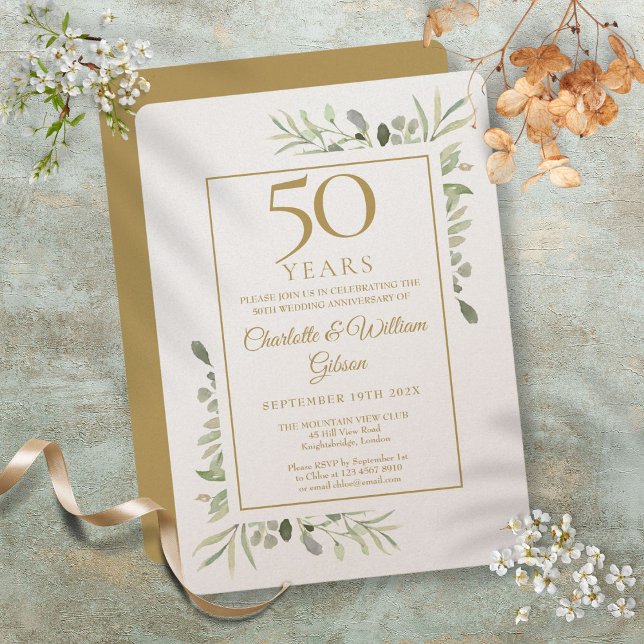 Convite Luxo 50º Aniversário de Bodas Verde (Luxury 50th Golden Wedding Anniversary Greenery Invitation)