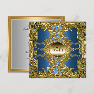 Convite Luxo 50º Aniversário Dourado Azul Festa Dourado Az