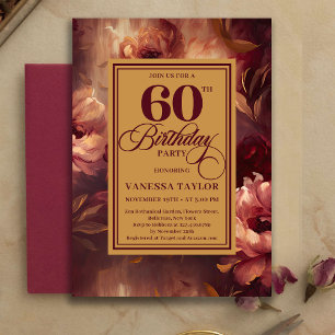 Convite Luxo 60 Aniversário Burgundy Blush Dourado Aquarel