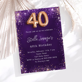 Convite luxo aniversário de 40 anos púrpura de rosa de our