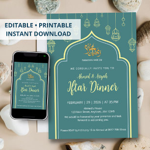 Convite Luxo Arco de Ramadão Iftar Azul Escuro e Dourado