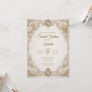 Convite Luxo Arco de Renda Dourado Marfim Sweet 16