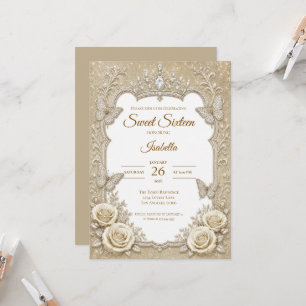 Convite Luxo Arco de Renda Dourado Marfim Sweet 16
