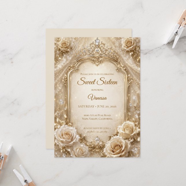 Convite Luxo Arco Dourado Marfim Sweet 16 (Frente/Verso In Situ)
