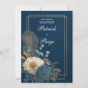 Convite Luxo Azul Marinho Dourado Palma Floral Casamento