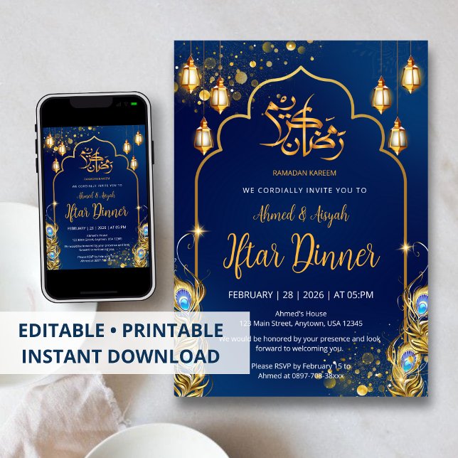 Convite Luxo Azul Marinho e Dourado Peacock Ramadan Iftar (Criador carregado)