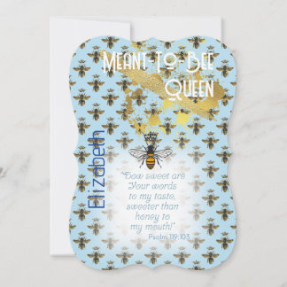 Convite Luxo Azul Pastel Abelha Grid Rainha Dourado