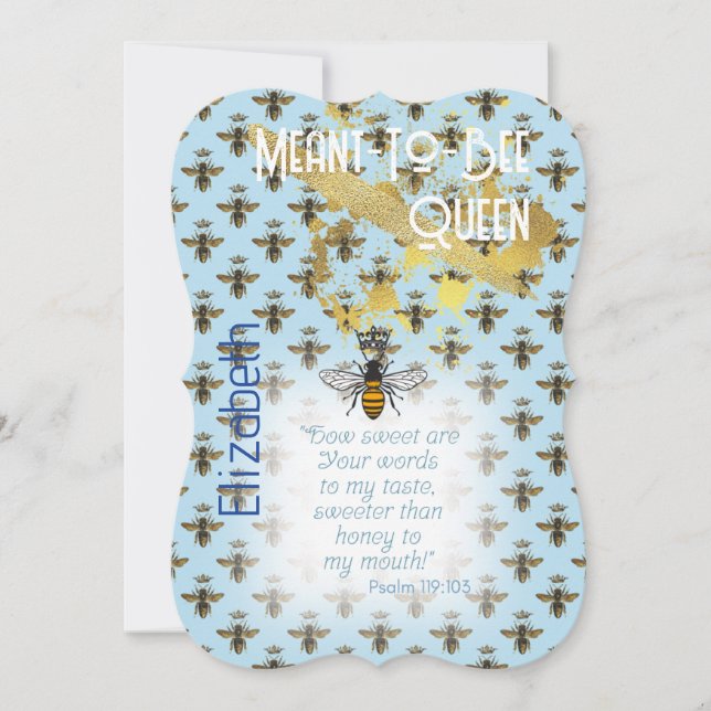 Convite Luxo Azul Pastel Abelha Grid Rainha Dourado (Frente)