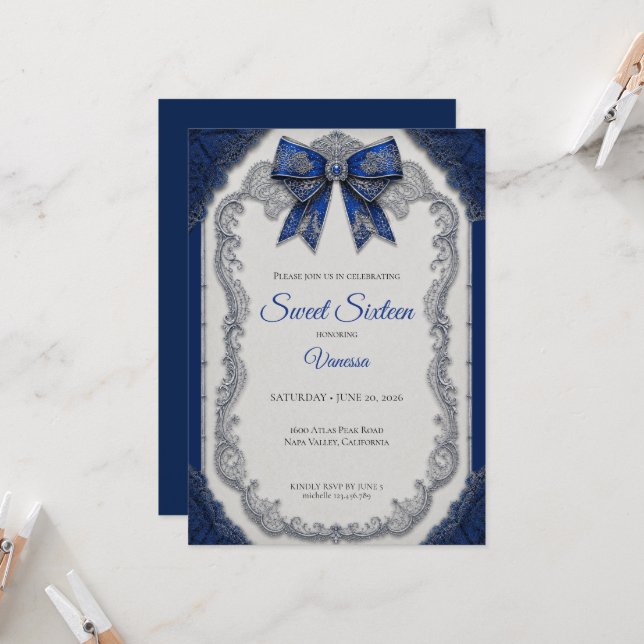 Convite Luxo Azul Real Prata Sweet 16 (Frente/Verso In Situ)