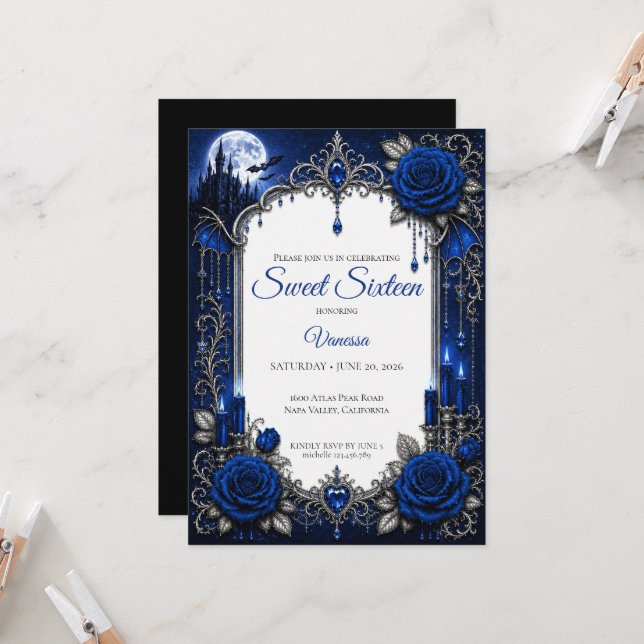 Convite Luxo Azul Real Prata Sweet 16 (Frente/Verso In Situ)