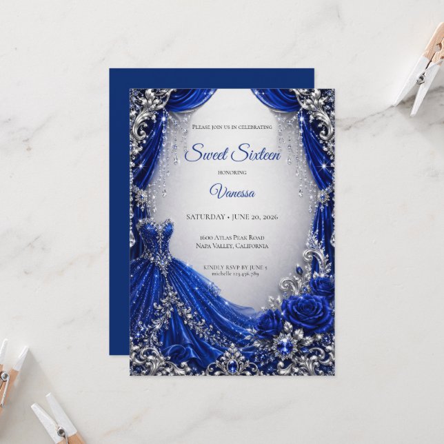 Convite Luxo Azul Real Prata Sweet 16 (Frente/Verso In Situ)