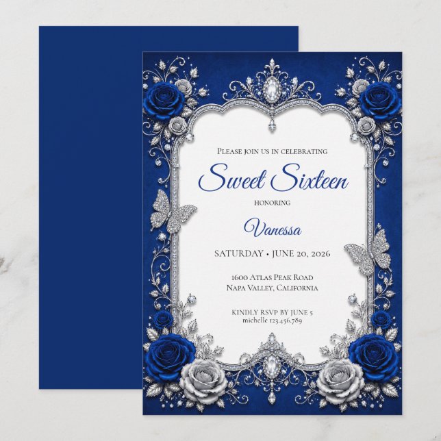 Convite Luxo Azul Real Prata Sweet 16 (Frente/Verso)