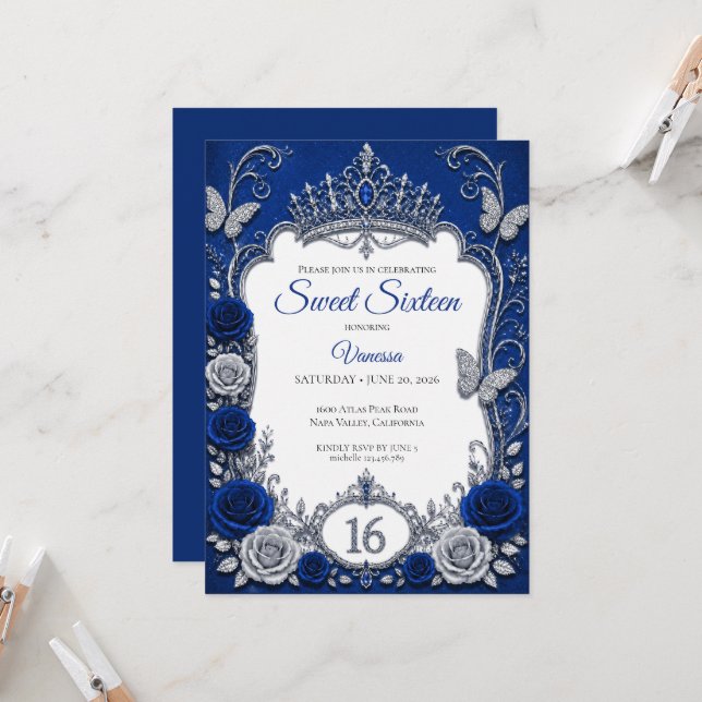 Convite Luxo Azul Real Prata Sweet 16 (Frente/Verso In Situ)
