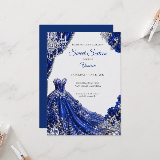 Convite Luxo Azul Real Prata Sweet 16 (Frente/Verso In Situ)