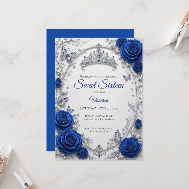 Convite Luxo Azul Real Prata Sweet 16 (Frente/Verso In Situ)