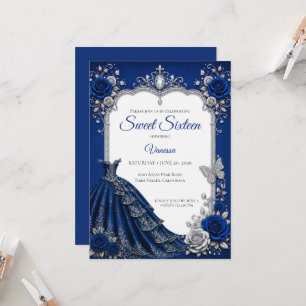 Convite Luxo Azul Real Prata Sweet 16