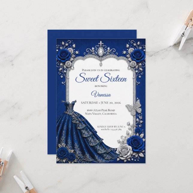Convite Luxo Azul Real Prata Sweet 16 (Frente/Verso In Situ)