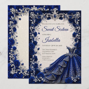 Convite Luxo Azul Real Princesa Sweet Sixteen