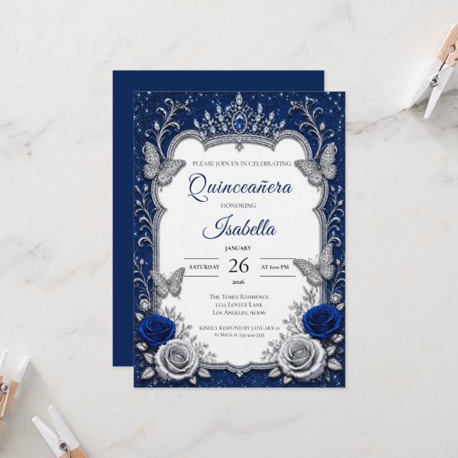Convite Luxo Azul Real Quinceañera Prata (Frente/Verso In Situ)