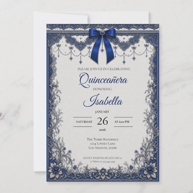 Convite Luxo Azul Real Quinceañera Prata (Frente)