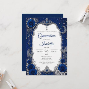 Convite Luxo Azul Real Quinceañera Prata