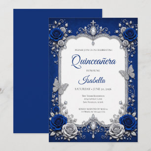 Convite Luxo Azul Real Quinceañera Prata