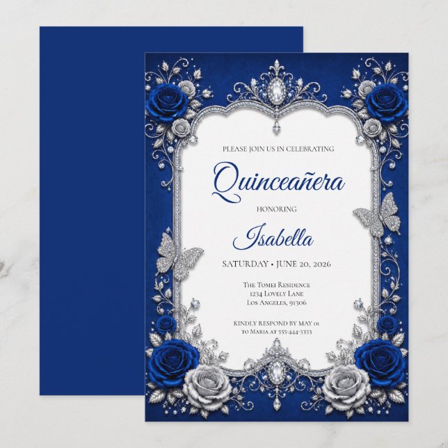 Convite Luxo Azul Real Quinceañera Prata (Frente/Verso)
