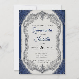 Convite Luxo Azul Real Quinceañera Prata