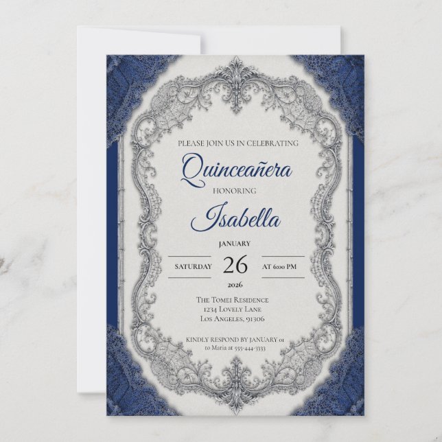 Convite Luxo Azul Real Quinceañera Prata (Frente)
