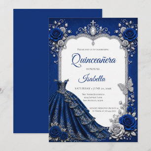 Convite Luxo Azul Royal Prata Quinceañera
