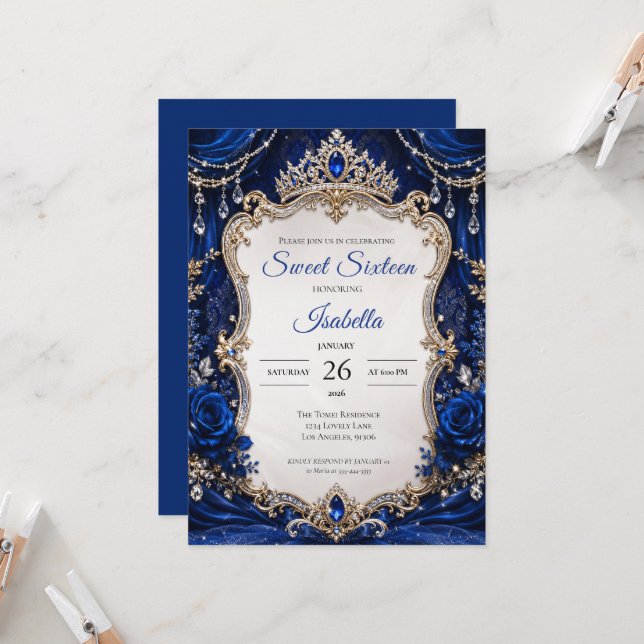Convite Luxo Azul Royal Prata Sweet 16 (Frente/Verso In Situ)