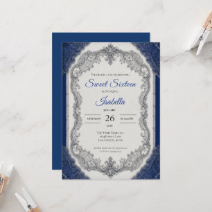 Convite Luxo Azul Royal Prata Sweet 16