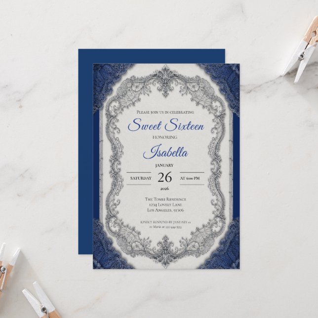 Convite Luxo Azul Royal Prata Sweet 16 (Frente/Verso In Situ)