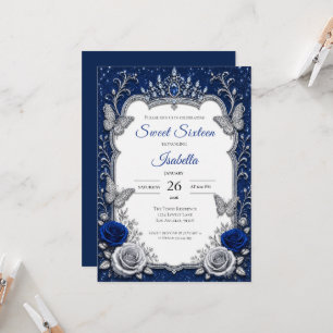 Convite Luxo Azul Royal Prata Sweet 16