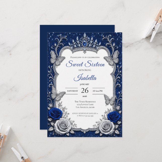 Convite Luxo Azul Royal Prata Sweet 16 (Frente/Verso In Situ)