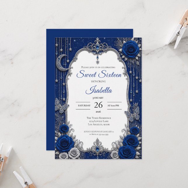 Convite Luxo Azul Royal Prata Sweet 16 (Frente/Verso In Situ)