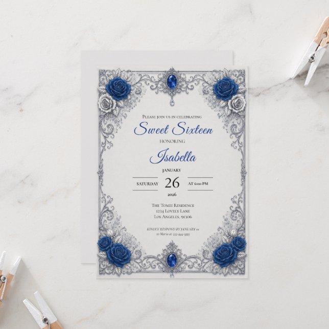 Convite Luxo Azul Royal Prata Sweet 16 (Frente/Verso In Situ)