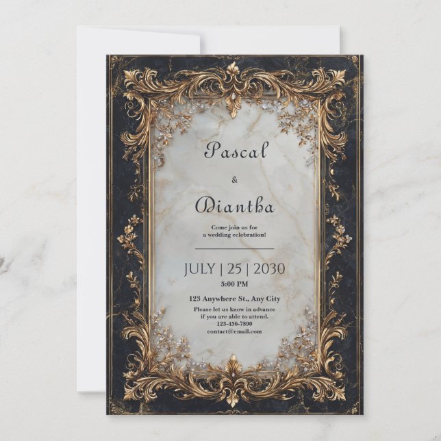 Convite Luxo Barra de Ouro Mármore Branco Casamento (Frente)