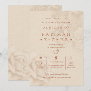 Convite Luxo Bege Floral Islâmico Aqeeqah Bebê Menina