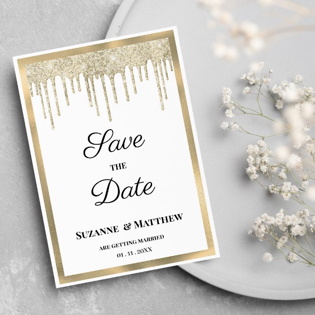 Convite Luxo branco dourado brilho gota de Save the Date (Luxury white gold glitter drips Save the Date)