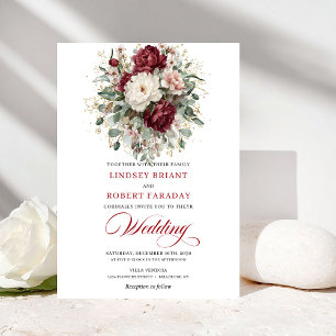 Convite Luxo Burgundy Branco Floral Eucalipto Casamento