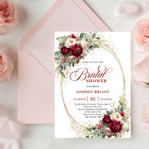 Convite Luxo Burgundy e Floral Branco para Chá de Noiva