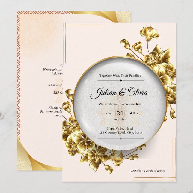 Convite Luxo Casamento Floral Dourado  (Frente/Verso)