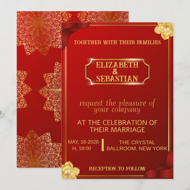 Convite Luxo Casamento Mandala Real Vermelho e Dourado  (Frente/Verso)