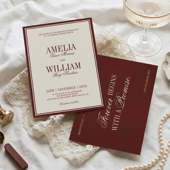 Convite Luxo Clássico Antiga Fortuna Casamento Borgonha (Criador carregado)