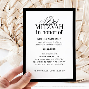 Convite Luxo Clássico Elegante preto e branco Bat Mitzva