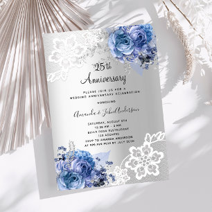Convite Luxo de aniversário de casamento do 25 floral azul